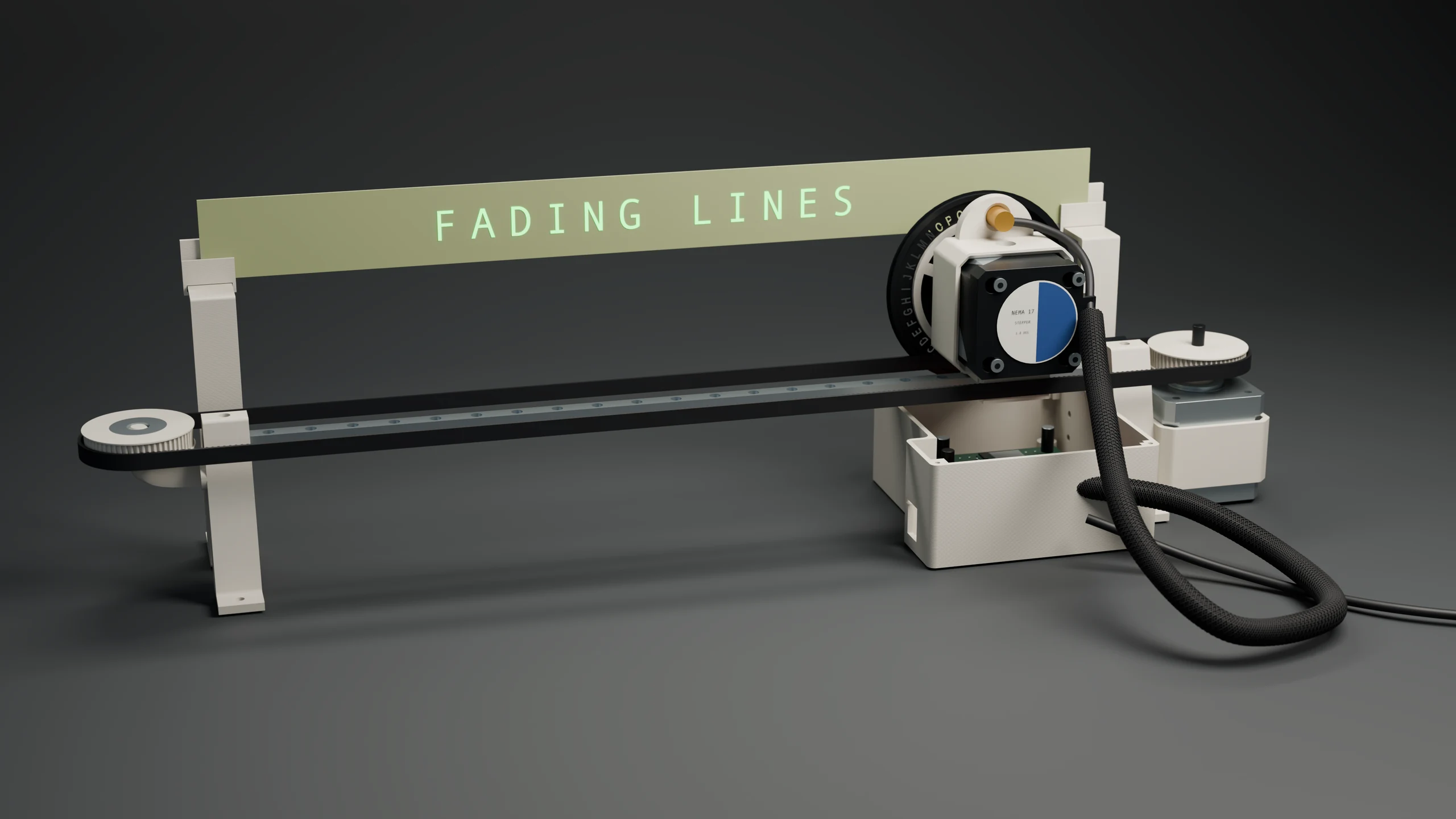 Blender render of the glow printer with FADING LINES glowing above the rail
